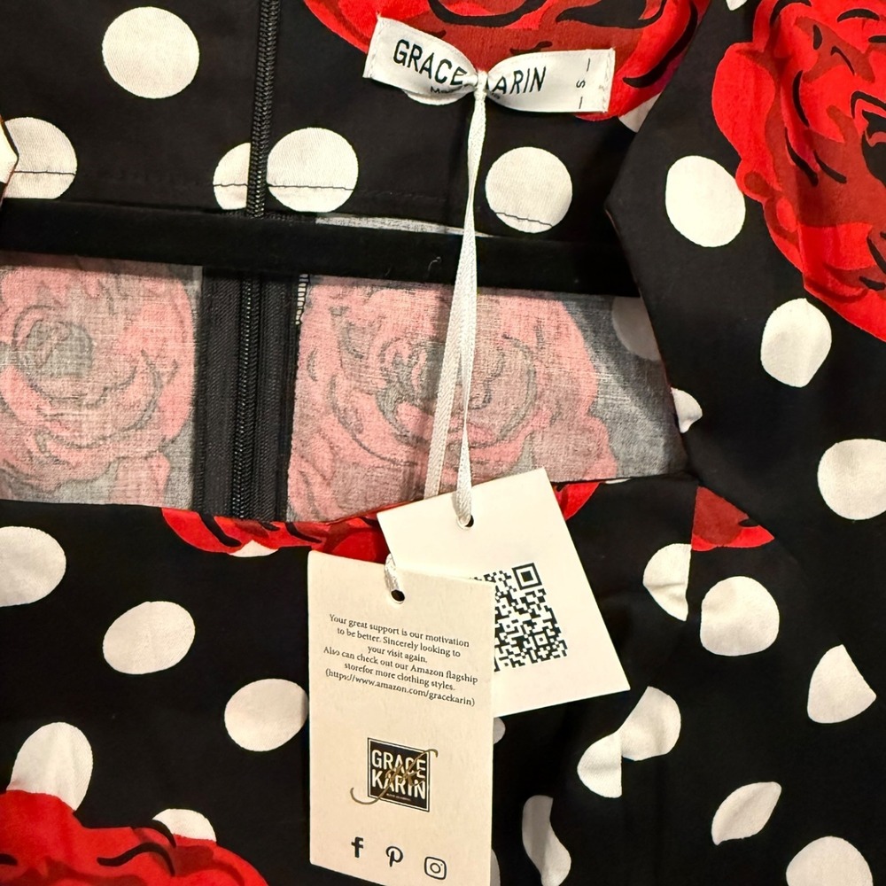 NWT Grace Karin Red Rose Polka Dot Pencil Dress Black Rockabilly Pinup Small - Picture 3 of 8